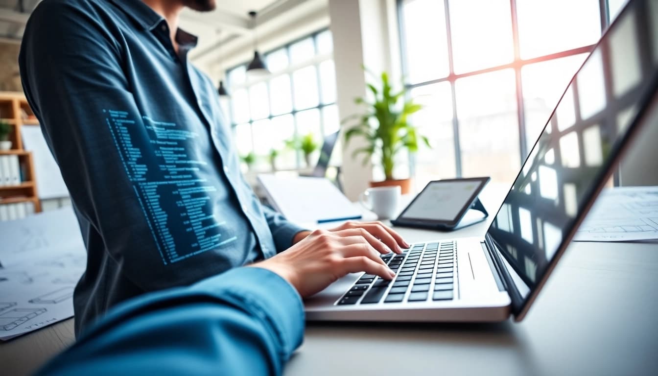 Hire Shopify developer working on a coding project in a bright office.