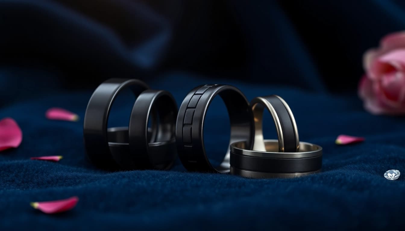 Showcasing dark mens wedding bands with elegant designs set against a plush background.