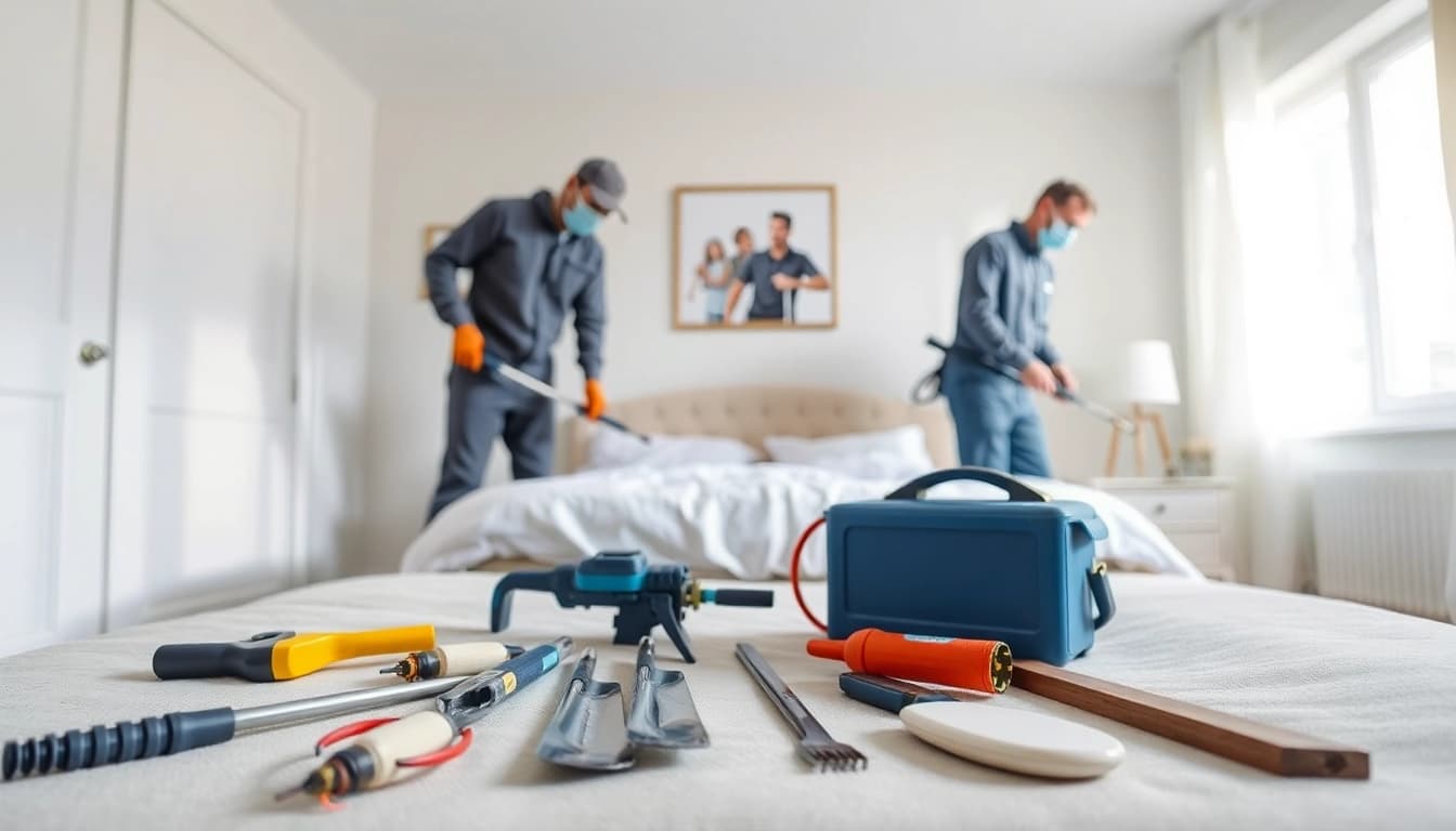 Bed bug exterminators effectively treating a residential space for bed bugs, showcasing professional tools and cleanliness.