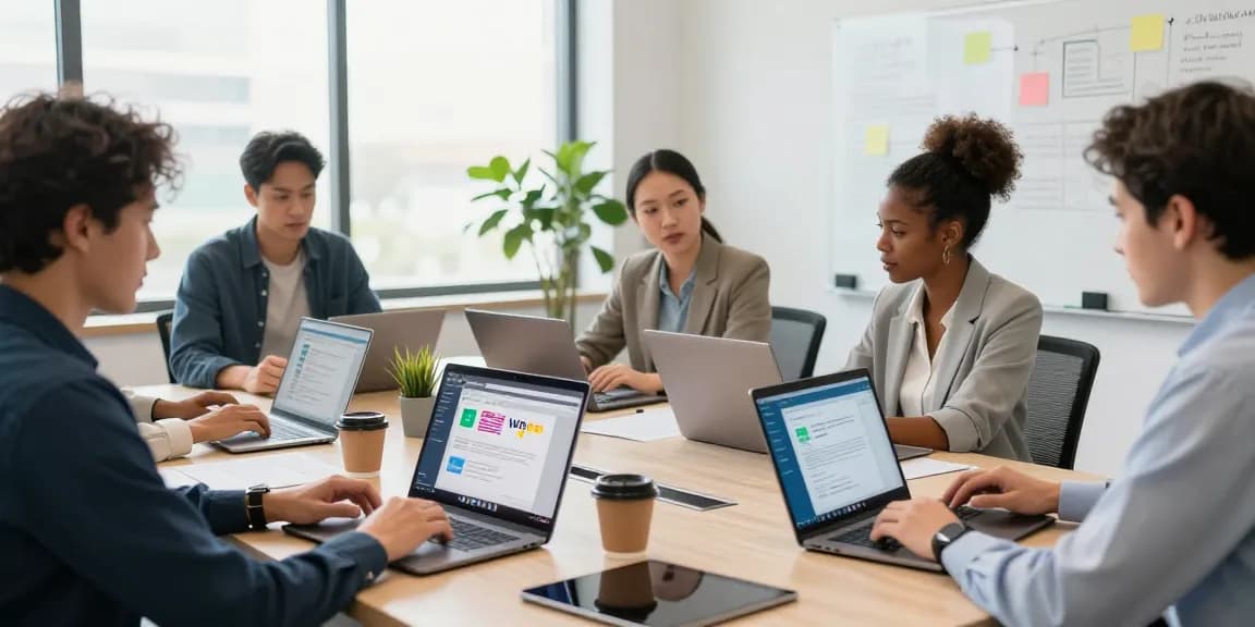 使用WPS Office 下载的办公环境，团队成员在协作办公，文件无缝同步与编辑。