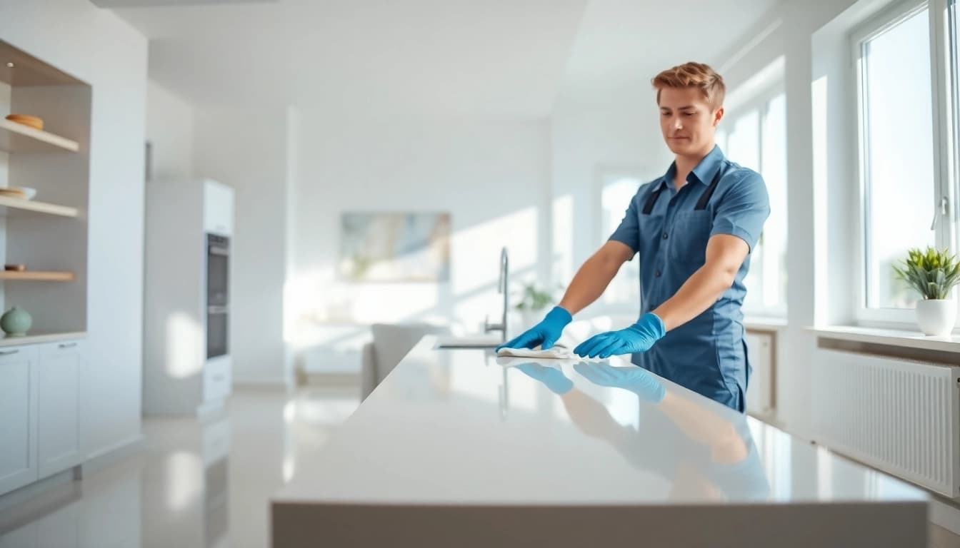 Bond cleaning professional scrubbing a kitchen countertop in a bright home.