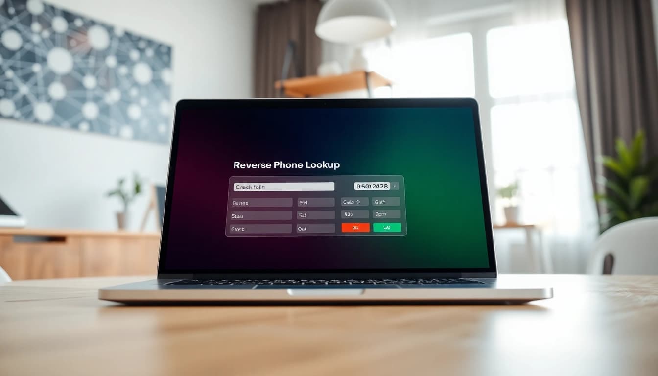Check telephone number using a reverse phone lookup tool on a laptop screen.