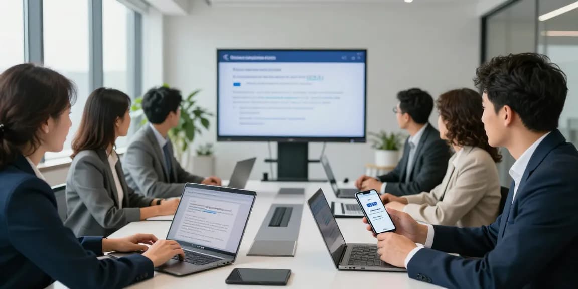 有道翻译应用在国际商务会议中实时翻译，展示多元化团队合作场景。