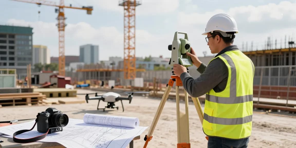 Topographical surveys being conducted at an urban construction site with advanced surveying equipment.