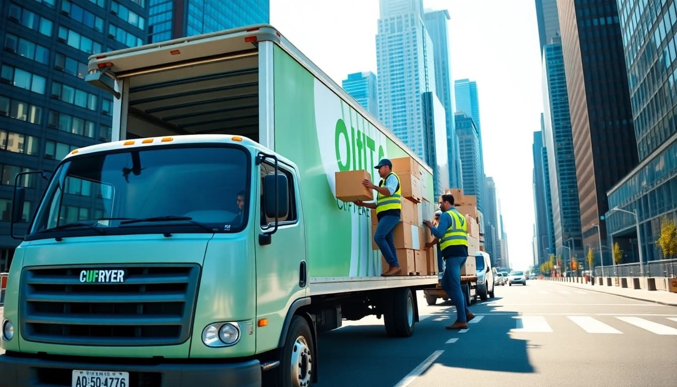 Efficient Office Moving Services NYC team packing office equipment in New York's skyline.