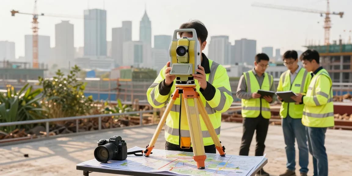 Topographical surveys in action with surveyor using total station in urban setting