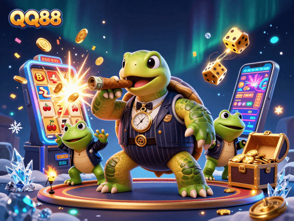 Experience excitement with QQ88 as a cartoon snapping turtle leads the casino scene with dynamic action.
