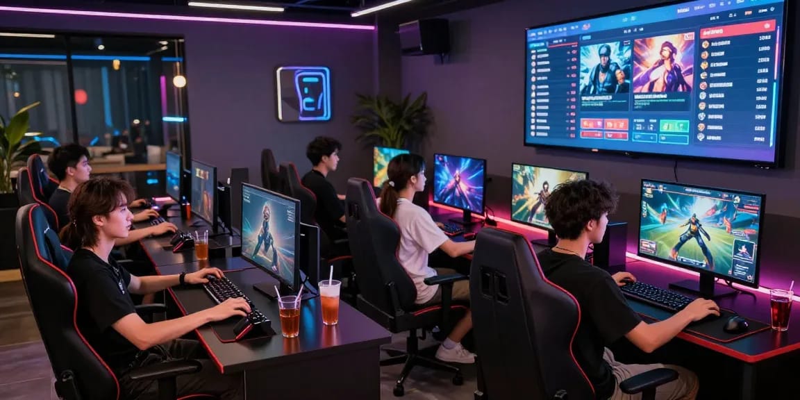 Suasana mewah permainan di LUXURY777 Situs Resmi Terbaru dengan gamer asyik bermain dan LED besar menampilkan permainan terbaru.