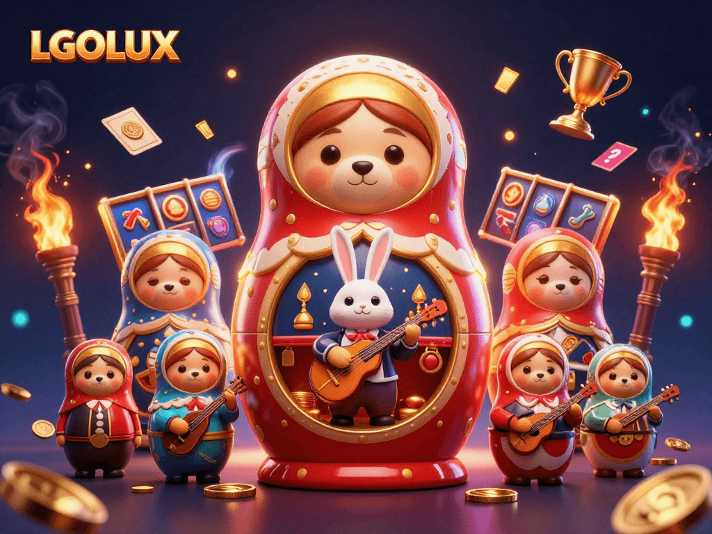 Experience the excitement of LGOLUX with vibrant slots and dynamic elements in a 3D illustrated scene.