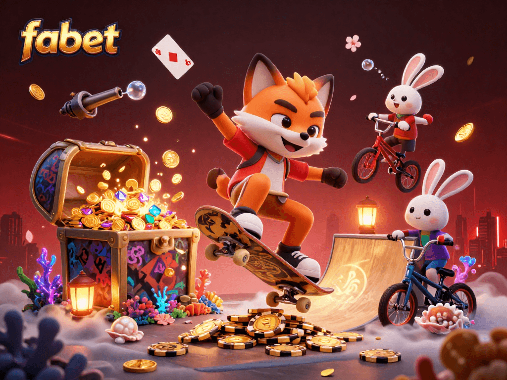 Experience thrilling fun with fabet as a skateboarder fox and BMX rabbit dominate a dynamic casino scene.