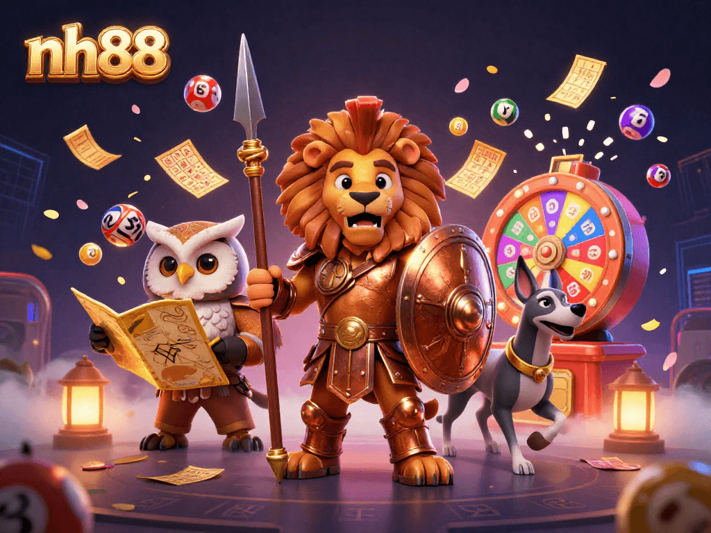 Engage with the thrilling atmosphere of nh88, featuring colorful lottery elements and charismatic characters in a vibrant casino setting.