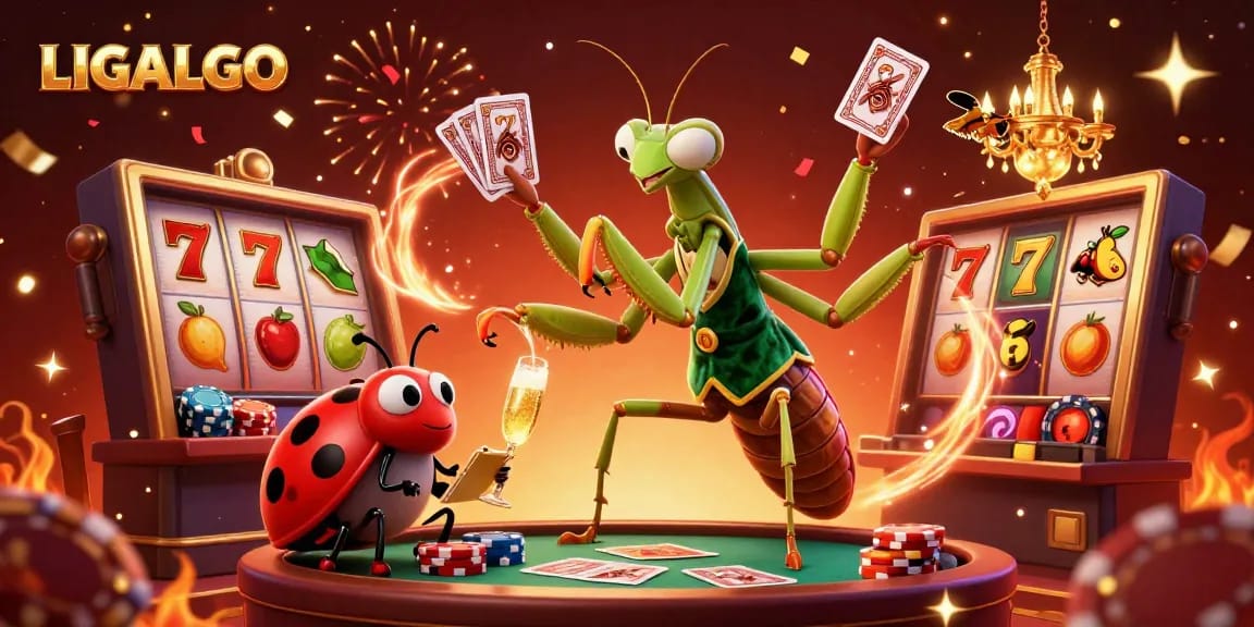 LIGALGO's vibrant online slots scene featuring a dynamic character lineup and celebratory elements.