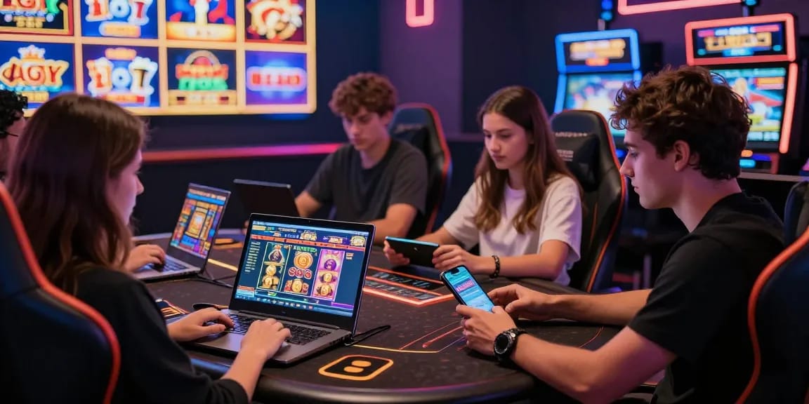 M98 สล๊อตเว็บตรง players enjoying vibrant online gaming experience with friends at casino-themed table.