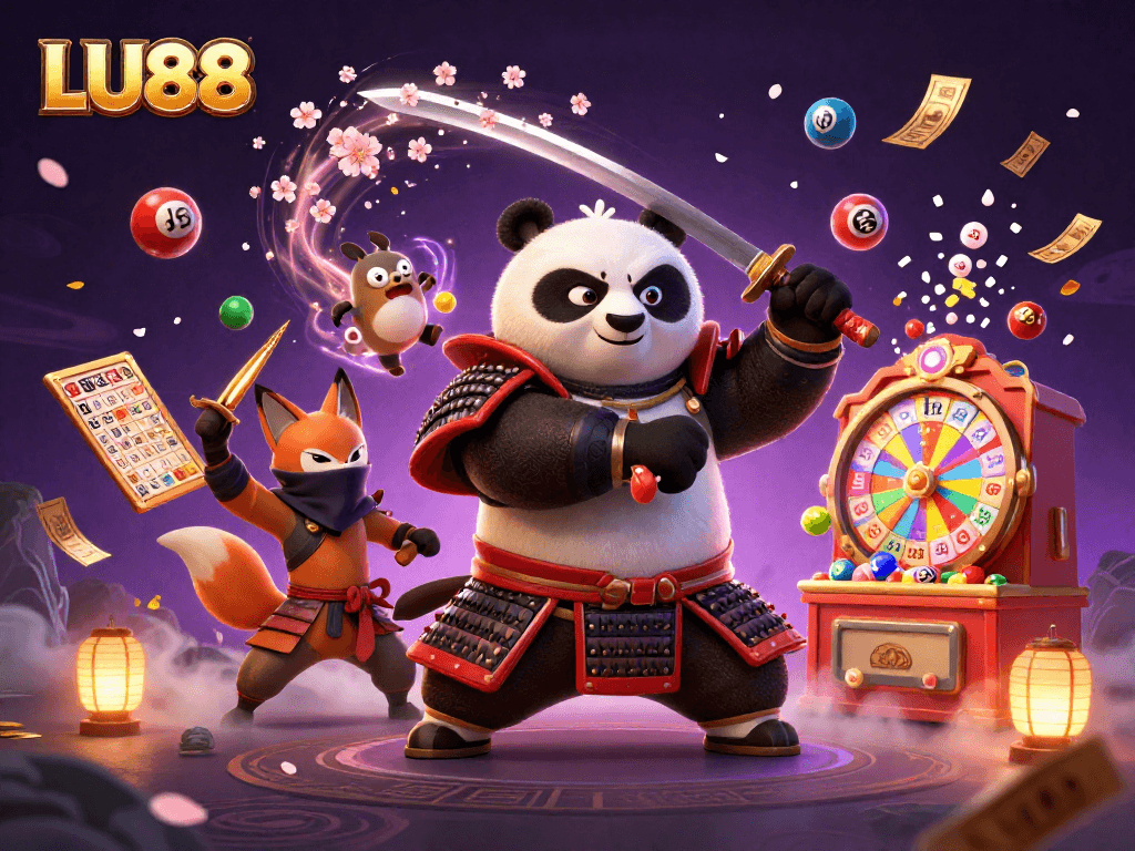 LU88 offers an exciting gaming experience with dynamic elements featuring vibrant lottery balls and a samurai panda.