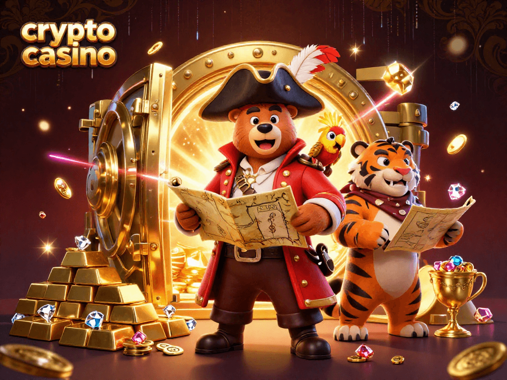 Jouez au crypto casino avec un ours pirate, un tigre et un perroquet dans une scène richement décorée.