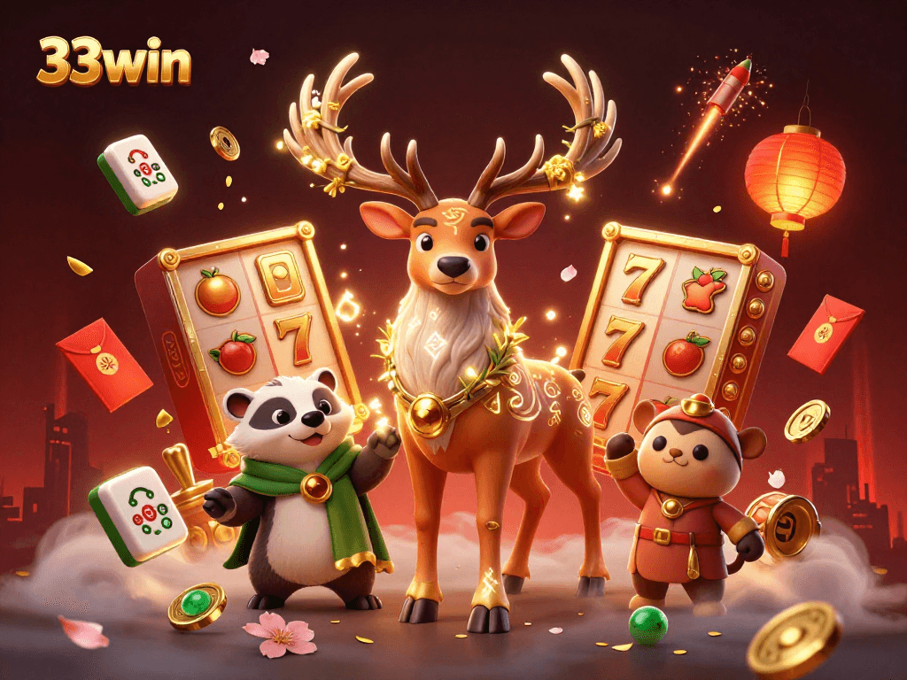 Experience the thrill of 33win with a Celtic druid stag and vibrant casino elements