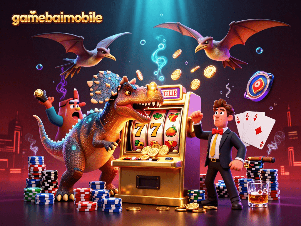 gamebaimobile showcases a dynamic casino scene with a pachycephalosaurus at a jackpot slot machine