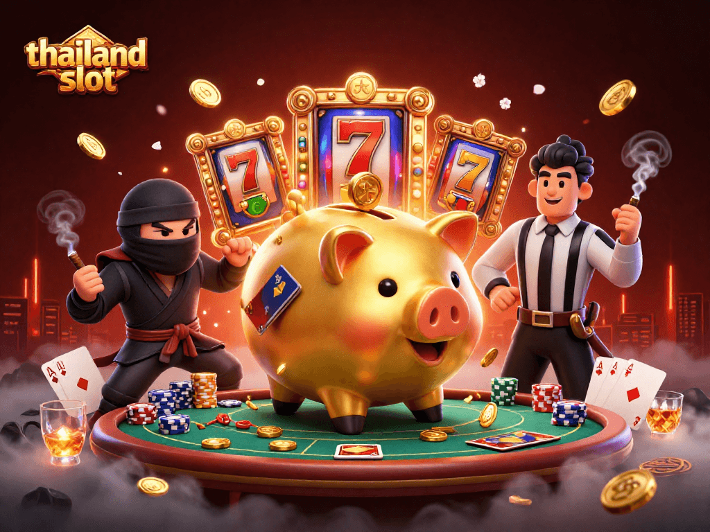 Engage with thailand slot gameplay featuring a golden piggy bank sumo wrestler, vibrant slot reels, and dynamic casino elements.