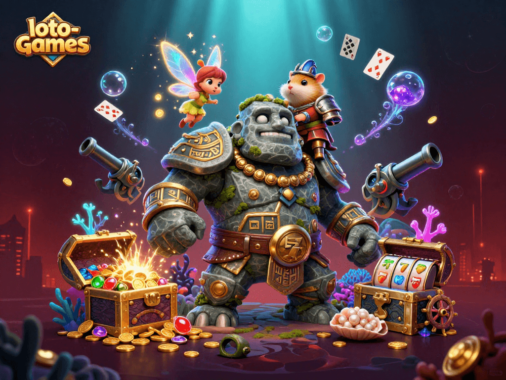 Loto-games bringing magic to life with a 3D golem, a fairy, and a hamster knight amidst vibrant casino elements.