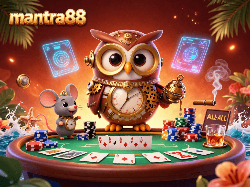 Engage in thrilling gameplay with mantra88 featuring a vibrant 3D casino illustration showcasing poker elements.