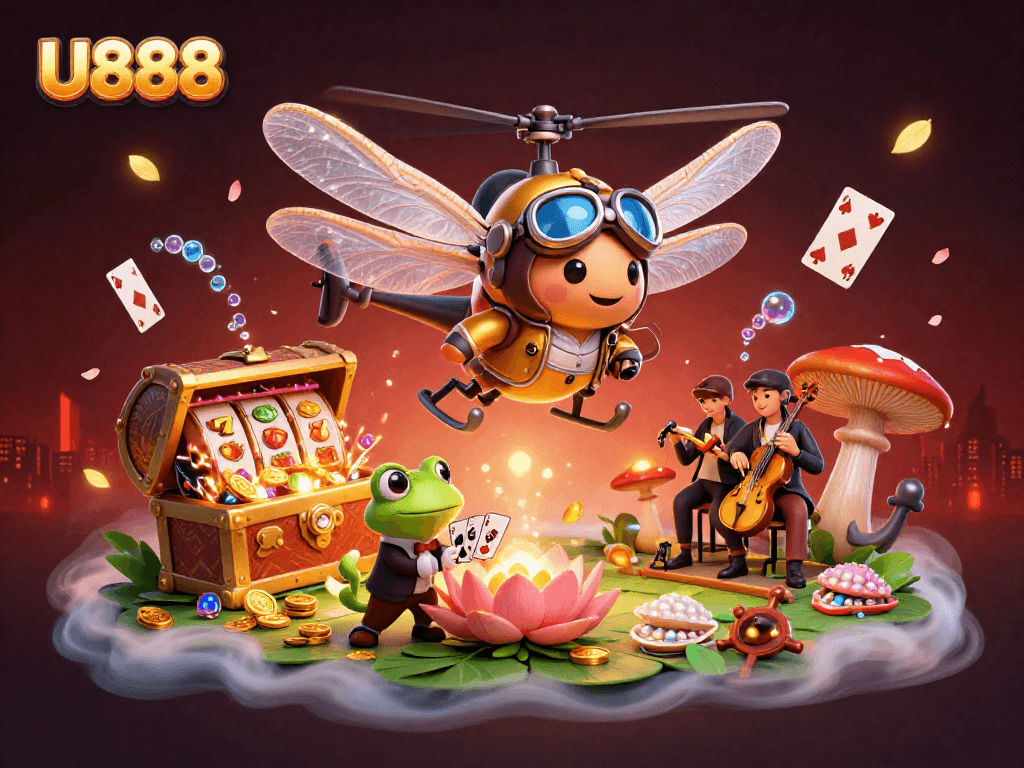 Play poker with U888 at a lively lily pad casino, where frog croupiers deal cards.