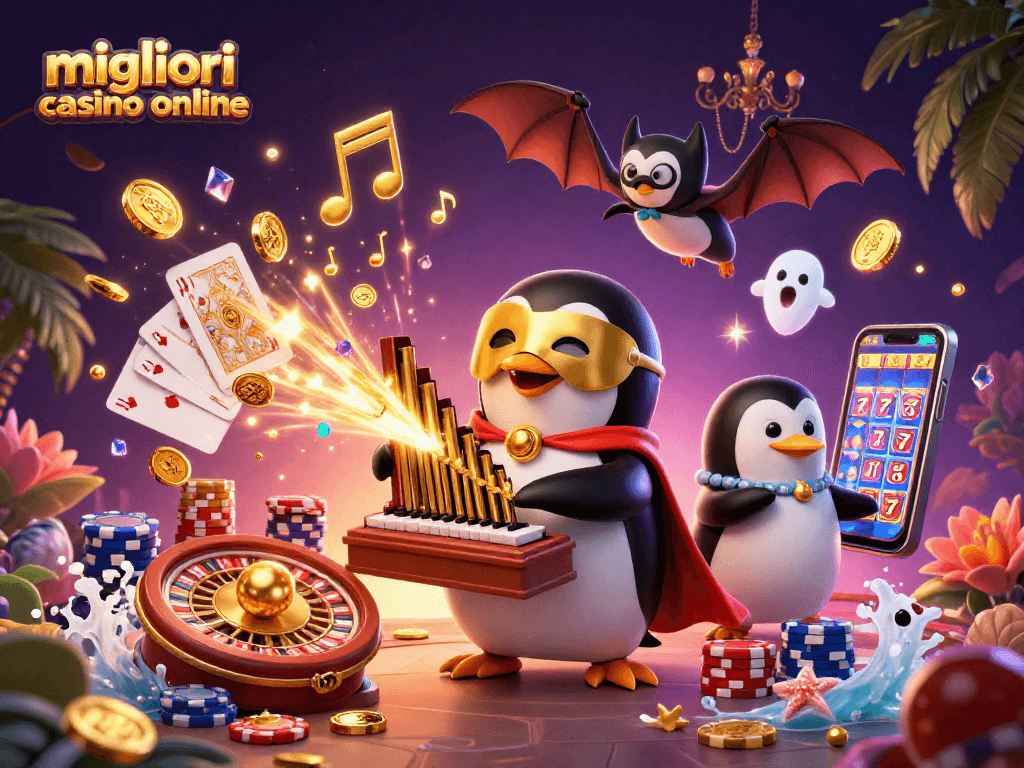 Migliori casino online: un pinguino fantasma suona un organo dorato che spara monete, circondato da simboli di gioco.