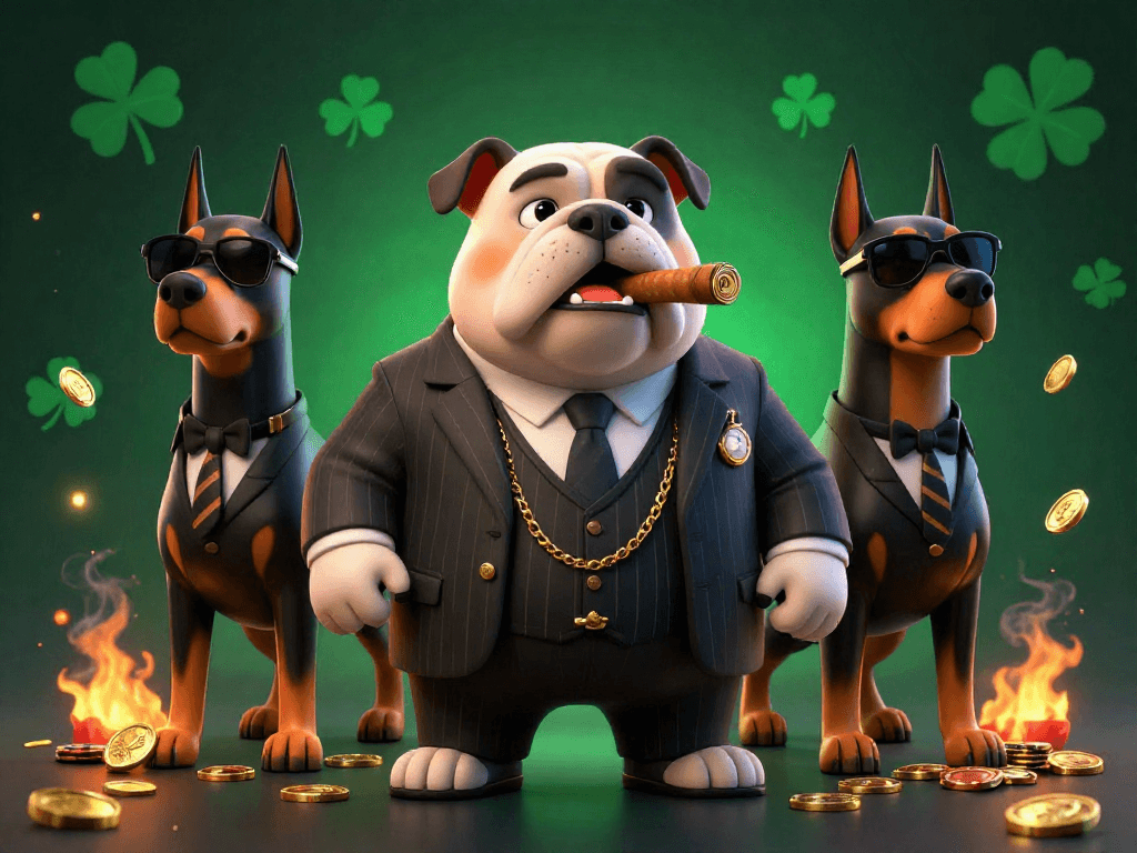 Casino en ligne : un bulldog mafieux accompagné de dobermans entourés de jetons d'or.