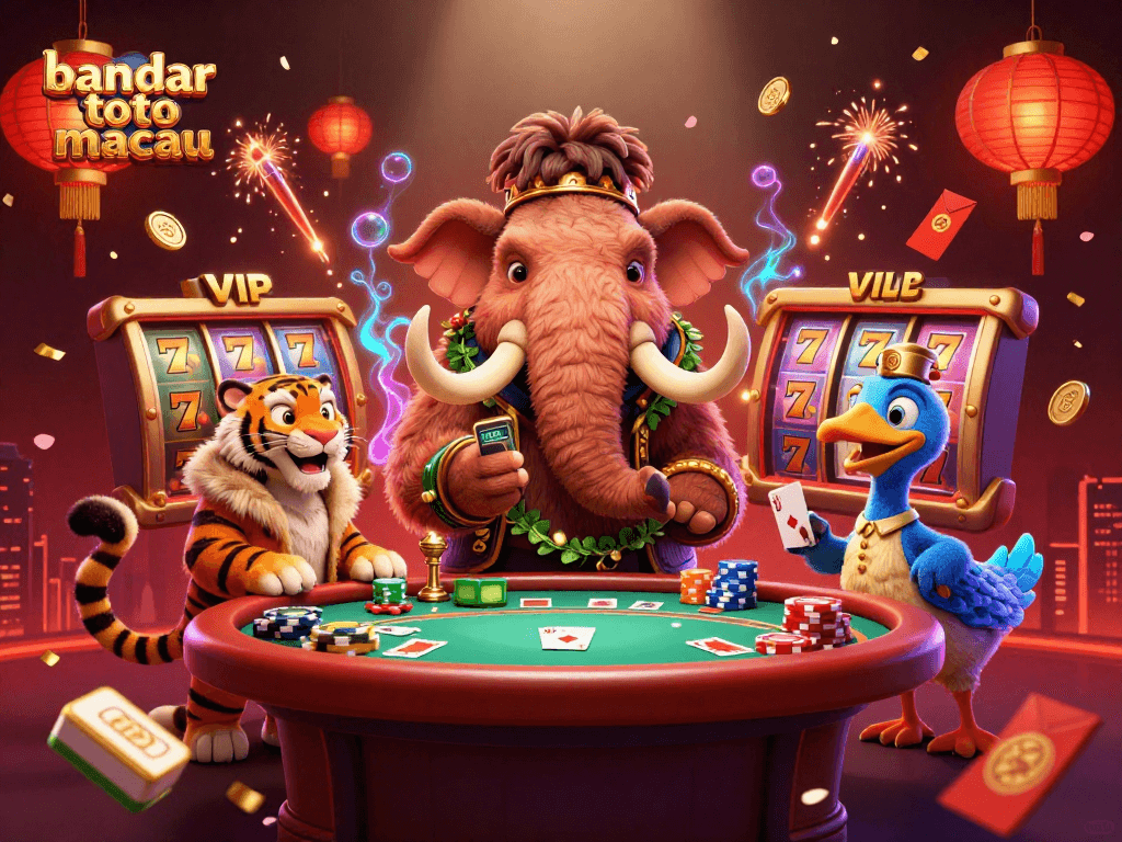 Dynamic scene showcasing bandar toto macau with a playful woolly mammoth bouncer, VIP saber-tooth tiger, and vibrant casino elements.