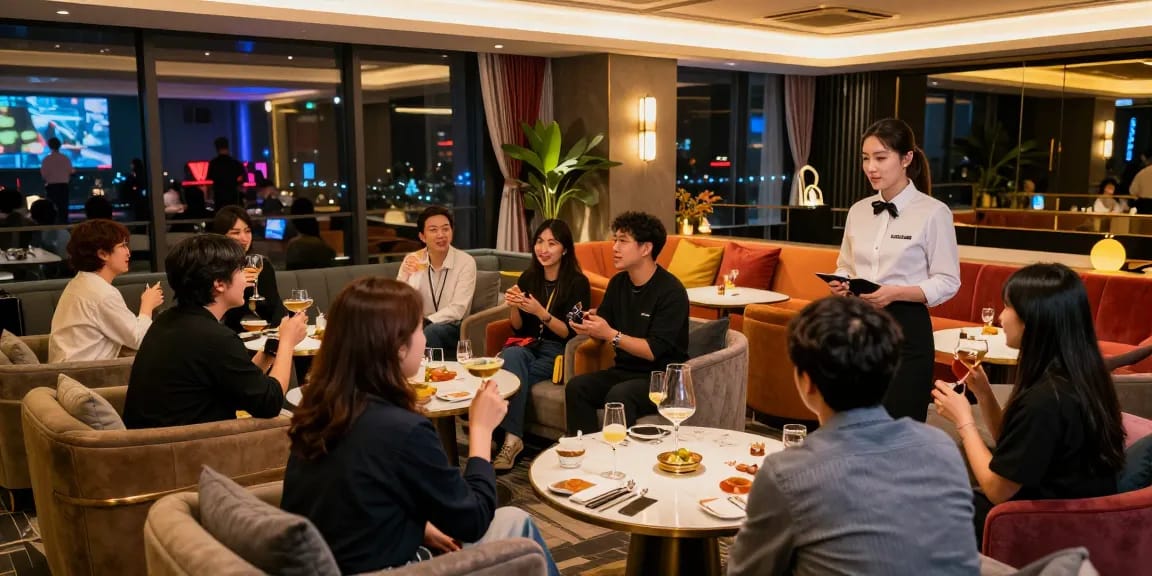 강남 구구단의 세련된 프라이빗 룸에서 고객들이 즐거운 시간을 보내는 모습