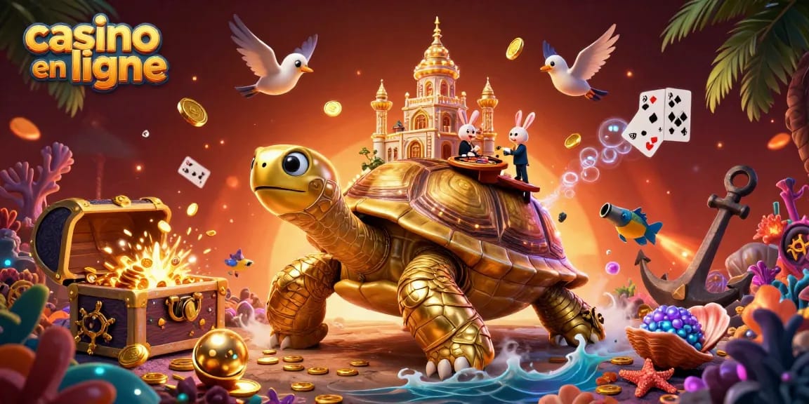 La tortue d'or du casino en ligne avec un croupier et des cartes flottantes.