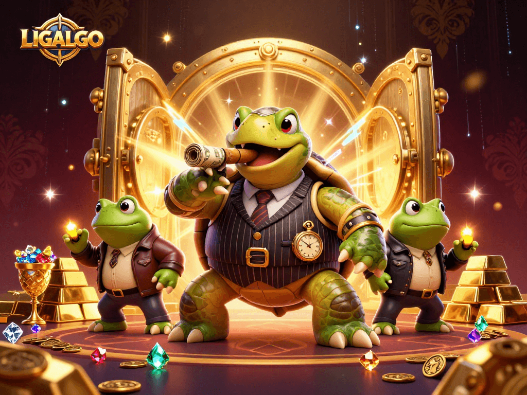 LIGALGO showcases a flashy 3D casino scene with a snapping turtle leading bullfrog enforcers amidst gold treasure and vibrant lights.
