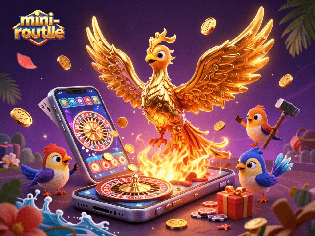 Engage in mini-roulette excitement with a vibrant golden phoenix amidst a 3D casino scene.