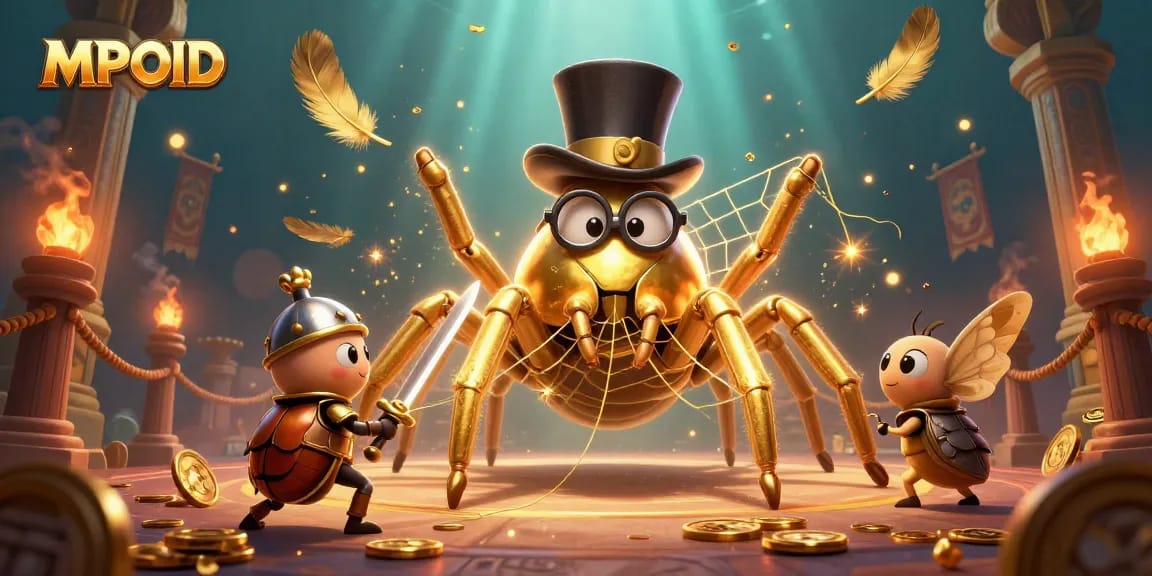 Betting with MPOID as a golden tarantula weaves luck in a vibrant casino scene.