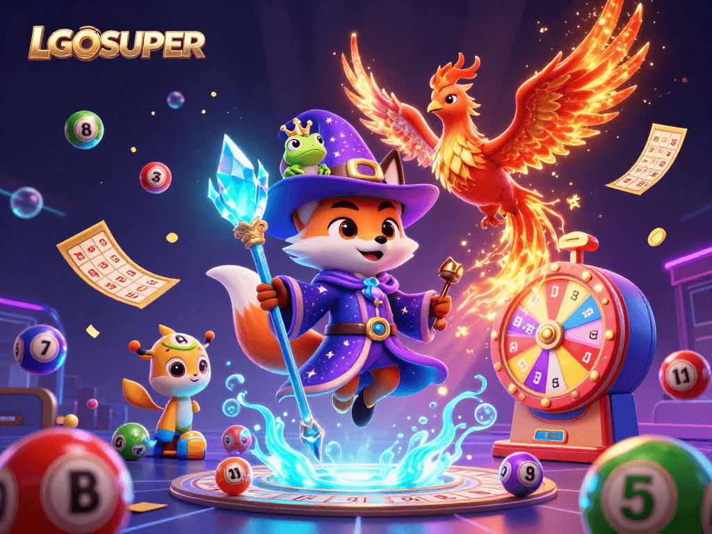 Engage with LGOSUPER's fun lottery scene showcasing vibrant lottery games and magical characters.