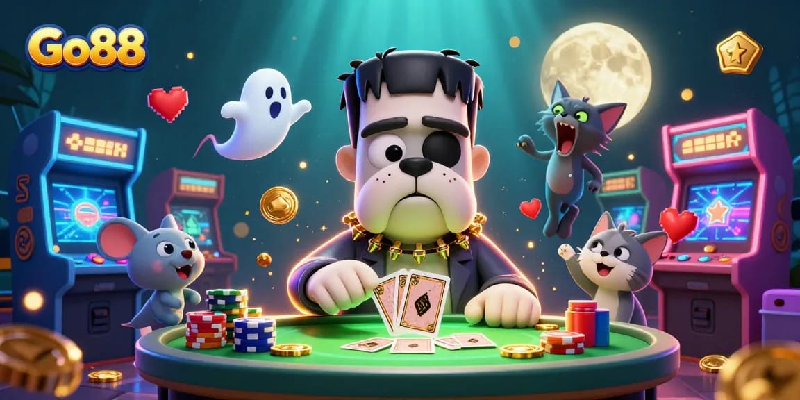 Go88 promotes exciting gaming strategies with a colorful 3D casino scene featuring animated characters.