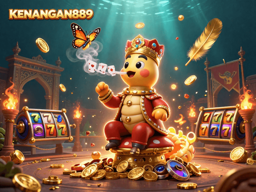 Experience the thrilling slots action at KENANGAN889 with vibrant characters and poker symbols.