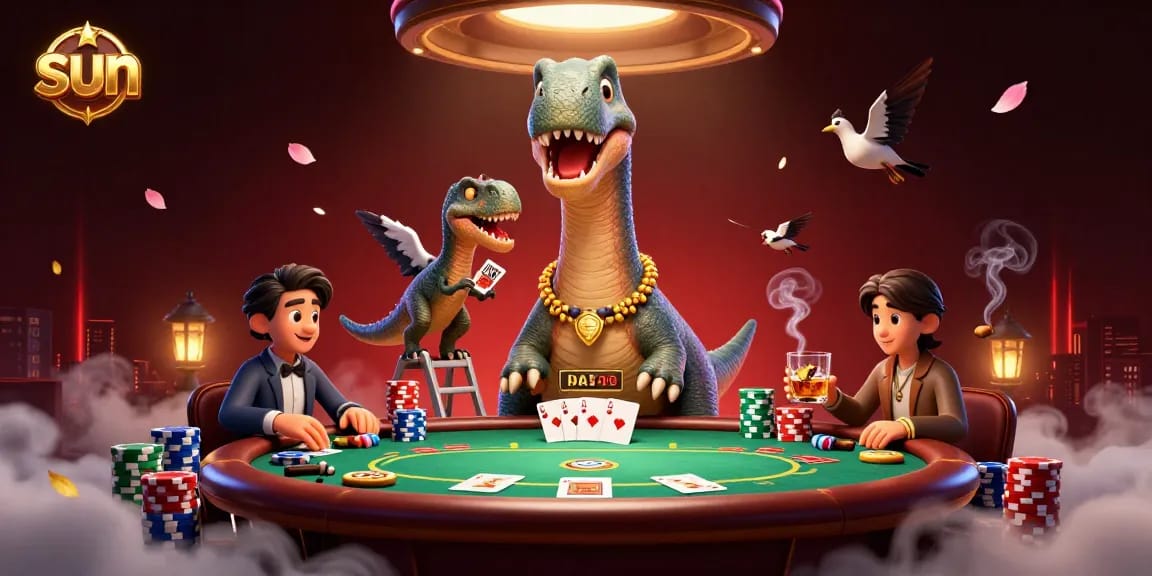 Experience thrilling gameplay as a giant sun-themed brontosaurus gazes down on a dynamic poker scene.