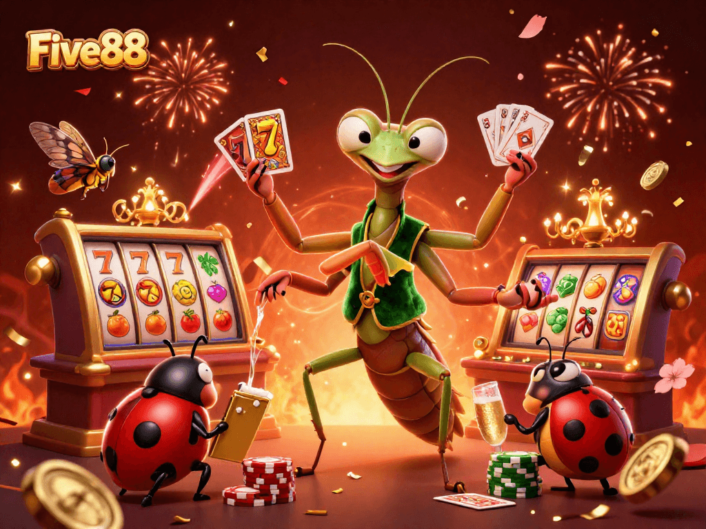 Five88 showcases a giant praying mantis card sharp in a vibrant slot casino scene.
