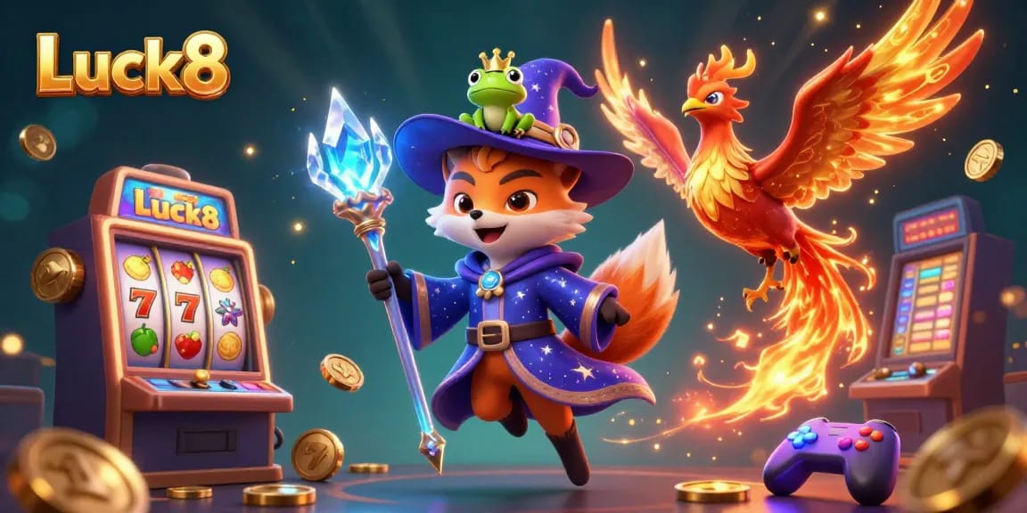 Experience the magic of Luck8 with a wizard fox, phoenix, and enchanted elements in this vibrant casino scene.