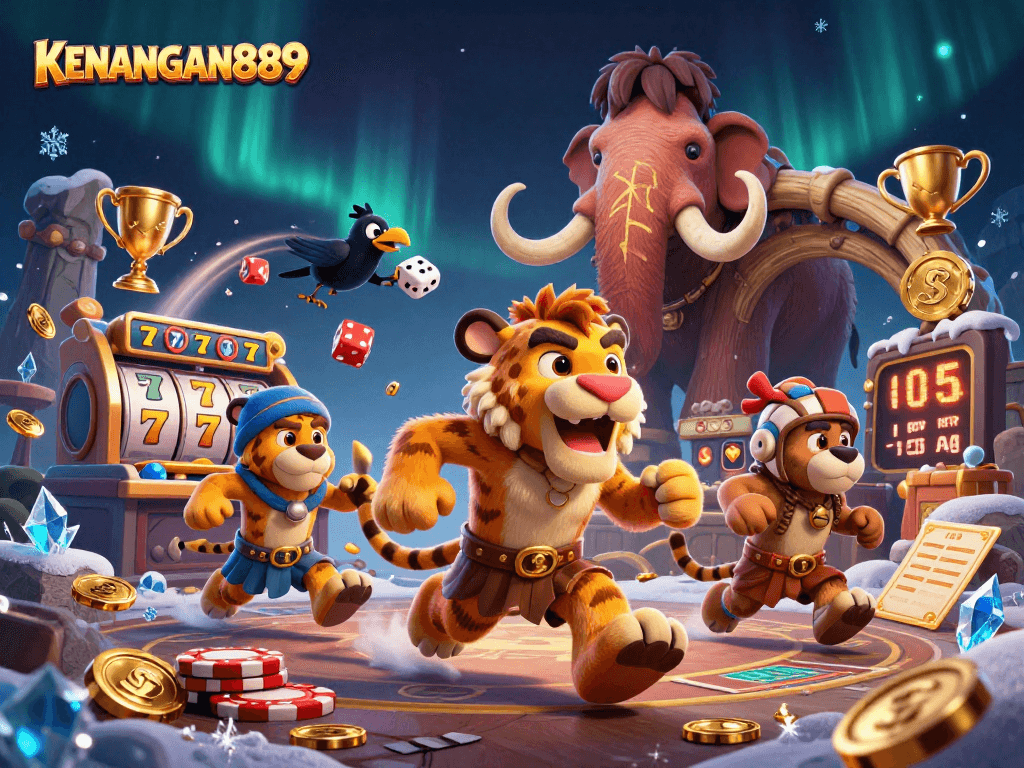 Experience the thrill of KENANGAN889 with cartoon characters in a lively casino scene.