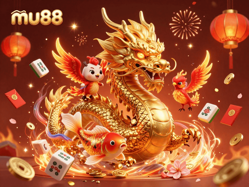 mu88 showcases vibrant casino celebration with a dragon, phoenix, and koi fish amidst rich gaming elements.