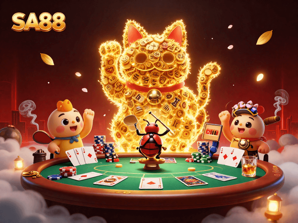 Experience the vibrant SA88 casino atmosphere with a lucky cat and golden fireflies in action.