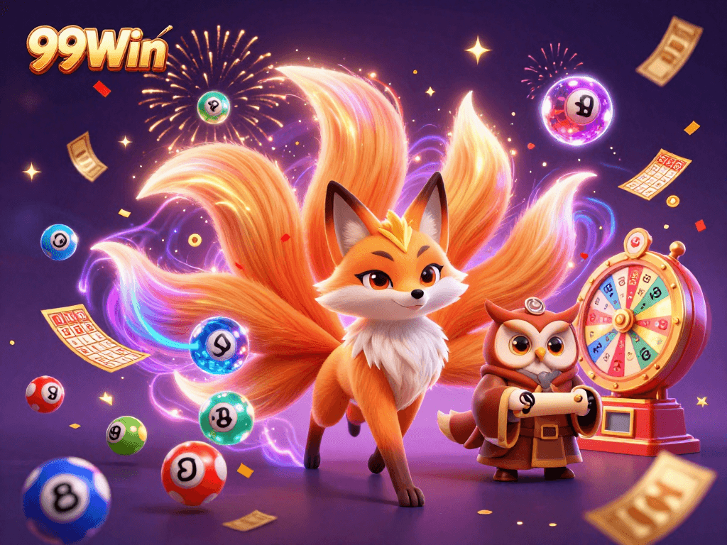 Experience the enchanting realm of 99Win with colorful spirits and dynamic lottery elements.