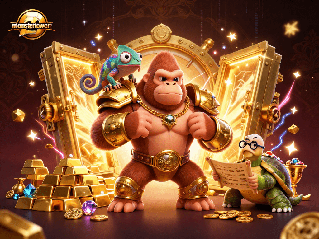 Engage in thrilling gameplay with monstertowerreview, showcasing treasure vaults and vibrant characters.