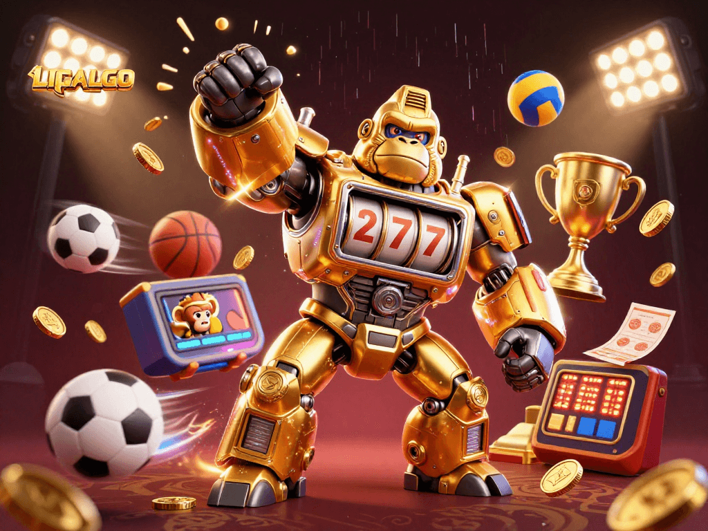 LIGALGO delivers an exciting gaming experience with a vibrant gorilla mech and dynamic sports elements.