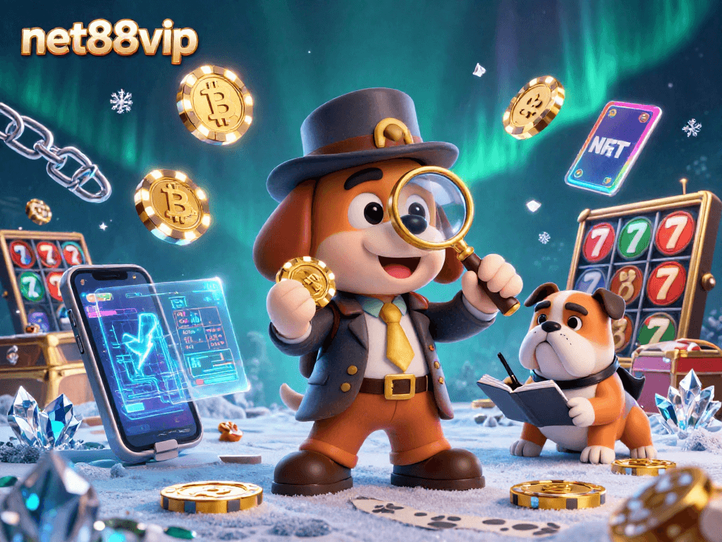 Engage with net88vip's thrilling casino scene featuring a detective and bulldog solving clues amidst vibrant slot elements.