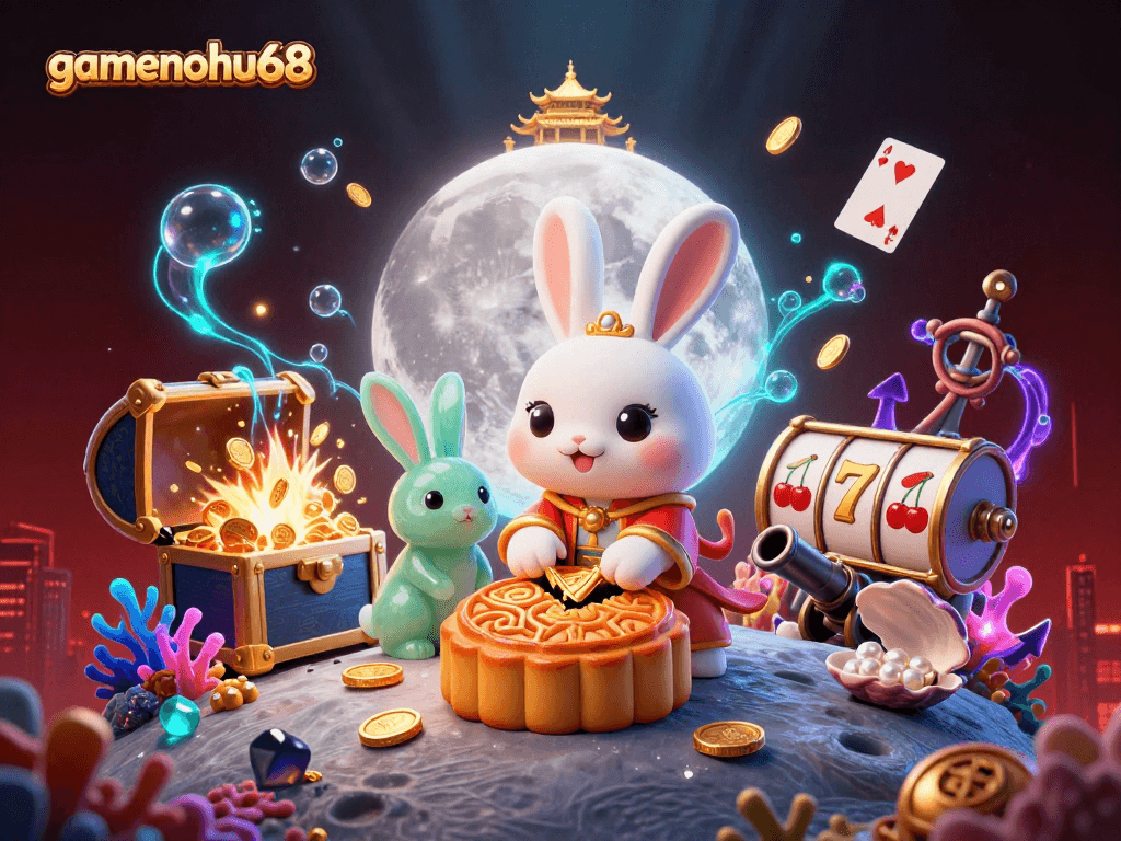 Experience the excitement with gamenohu68 as the moon rabbit reveals poker chips amid magical elements.