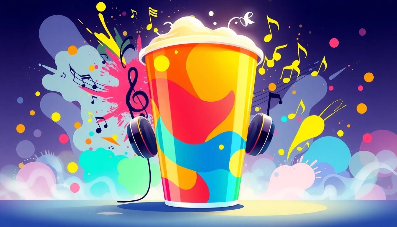 汽水音乐主题的生动插图,展现音乐与饮品的完美结合