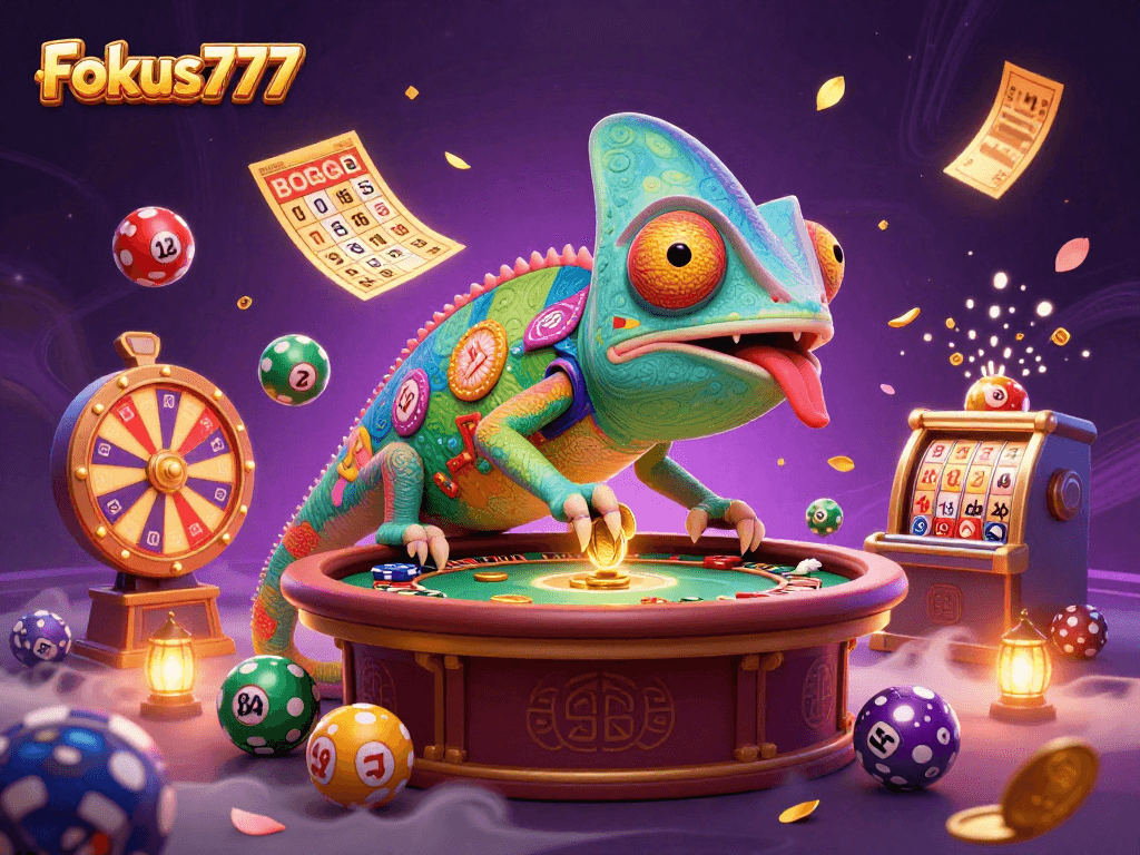 Experience the excitement of gaming with Fokus777 as a chameleon casino owner surrounded by vibrant lottery elements.