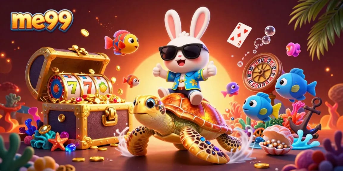 Experience me99's excitement with a lucky rabbit and turtle amidst vibrant casino elements.
